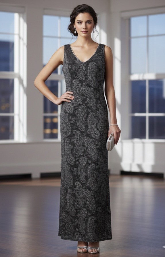 Vintage 90 Y2K Metallic Knit Sparkle Rhinestone Trim Maxi Dress Lurex Paisley 14