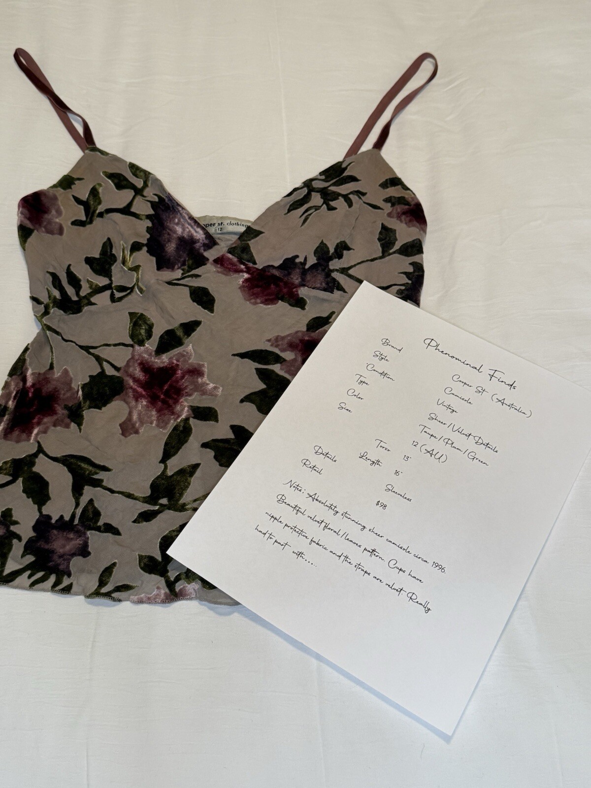 Cooper St Women’s VINTAGE Sheer Camisole With Gorgeous Velvet Flower &. Details