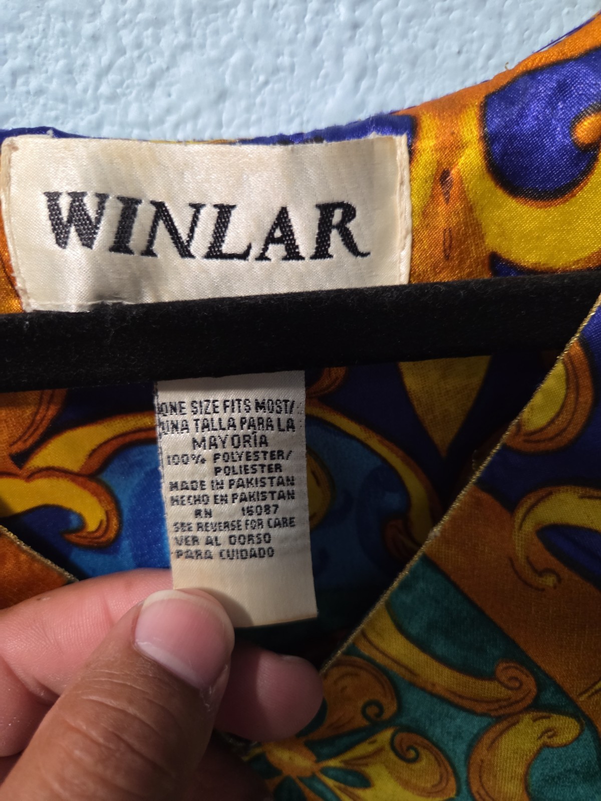 vintage 1980s Winlar satin kaftan blue and gold baroque-style print