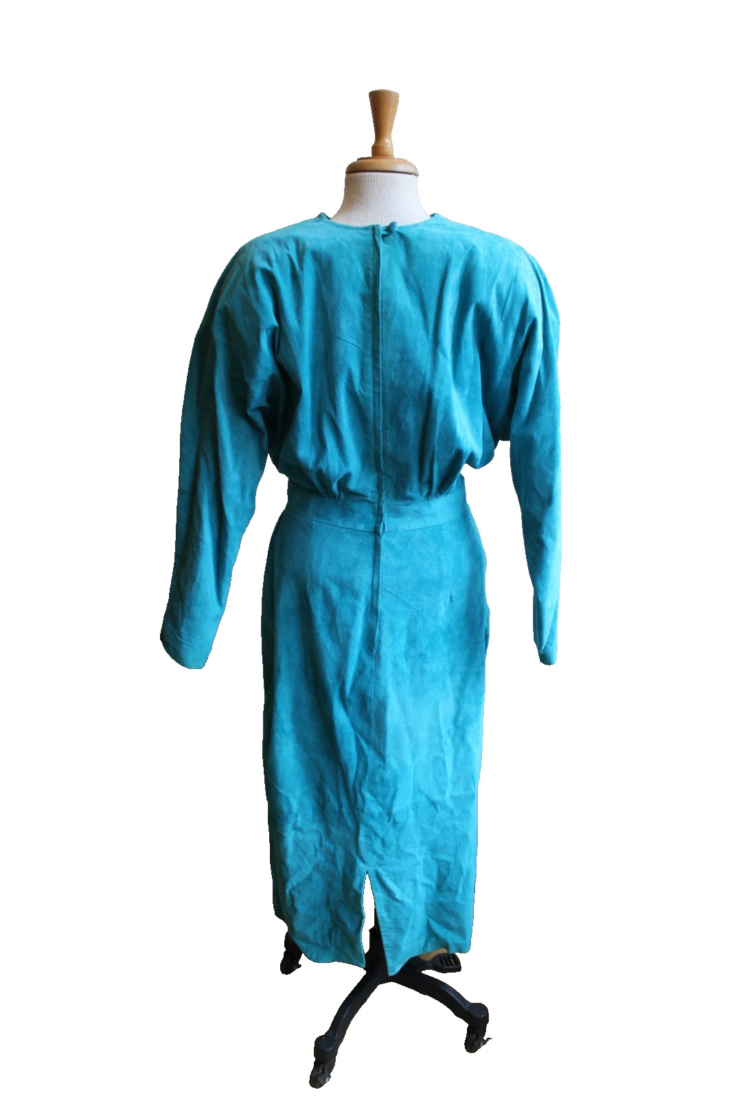 Vintage 80’s Turquoise Suede Leather Fitted Dress From Nordstrom L 28″ waist