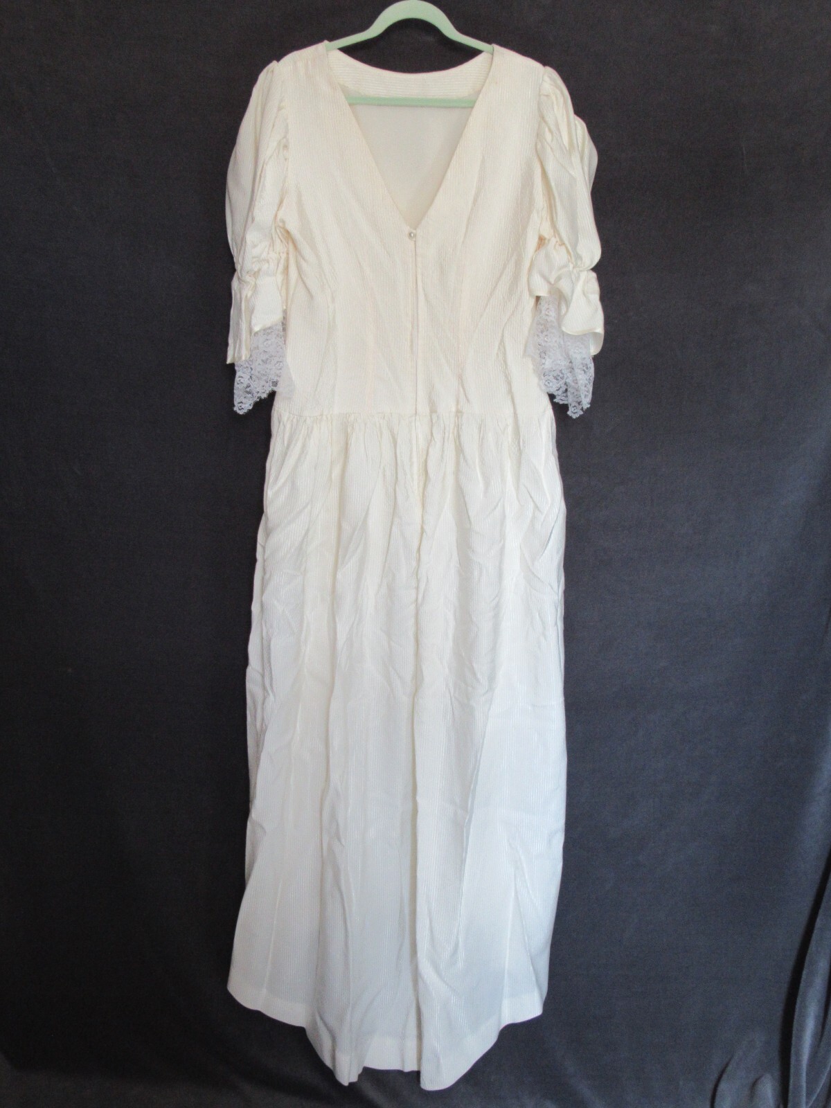 Vintage Ivory Stripe Lace Peasant Princess Bride Victorian Puff Sleeve Dress XL