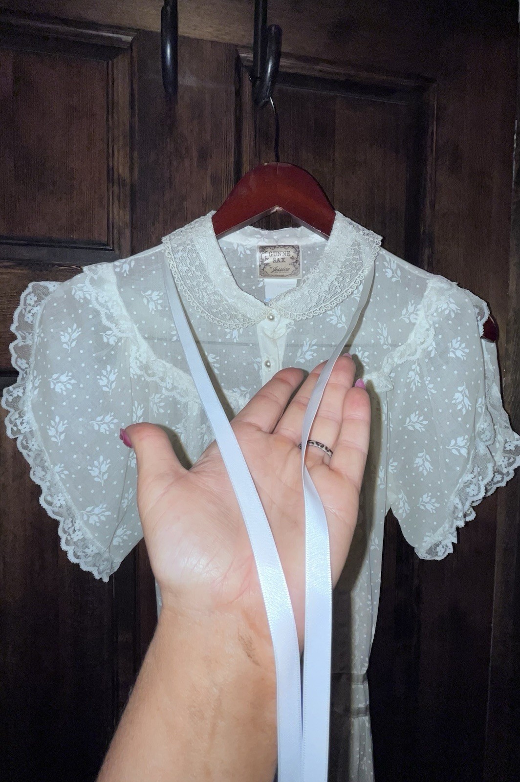 Vintage Gunne Sax by Jessica McClintock Floral Lace Sleeve Pearl Dress Size 9