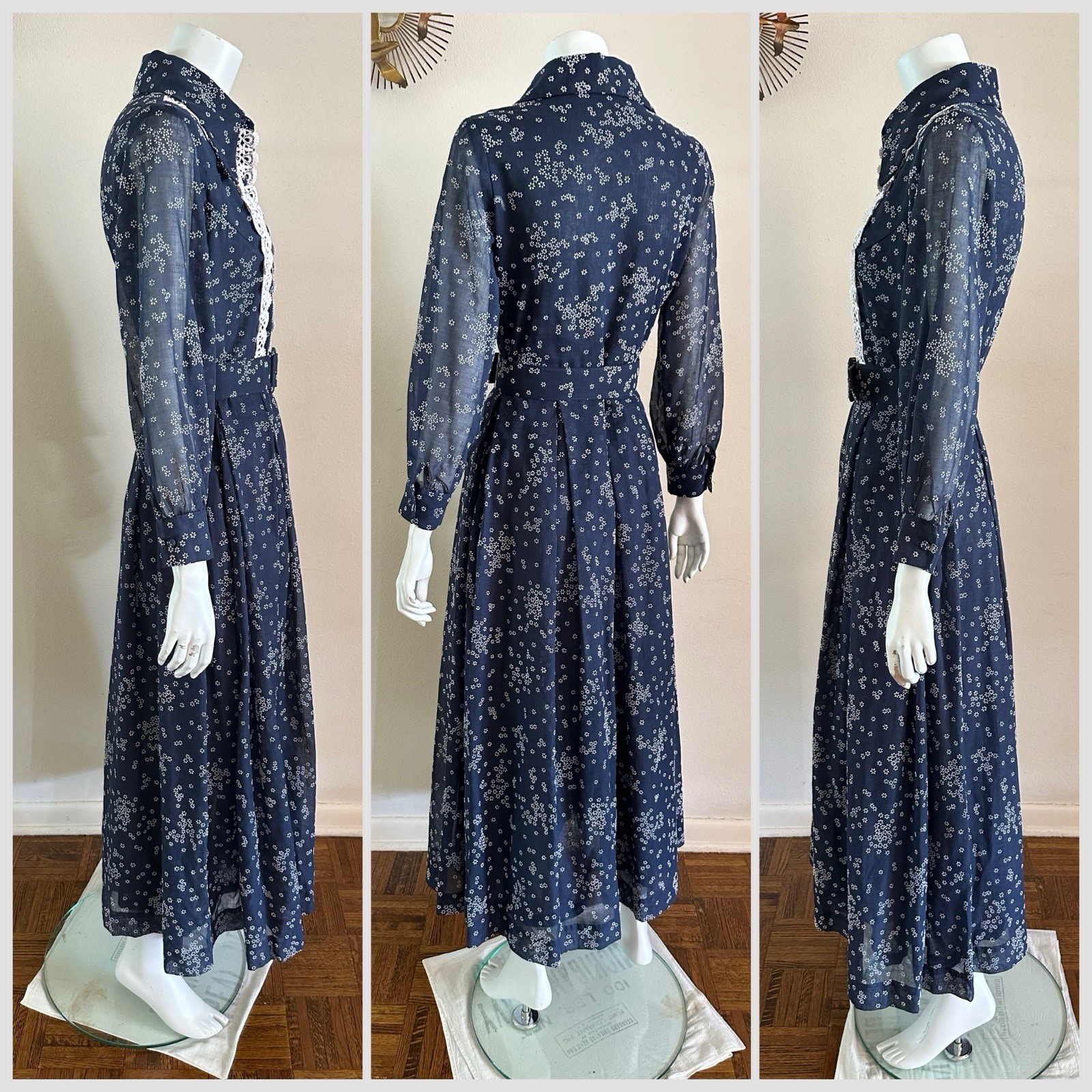 1970s Avalon Classics Dagger Collar Maxi Dress Boho Prairie Lace Daisy Print VTG