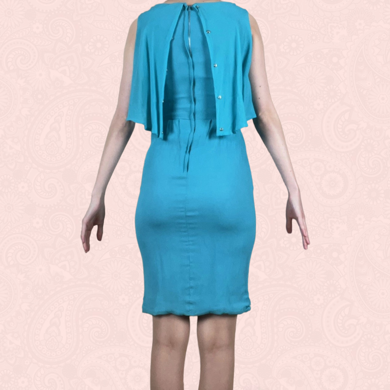 Vintage 50s 60s Anita Modes Couture Turquoise Blue Chiffon Capelet Tie Dress XXS