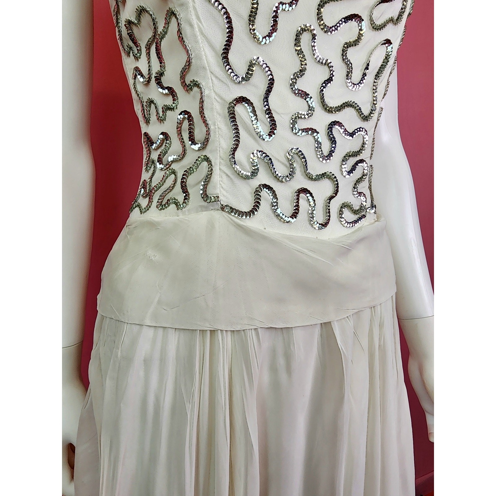 Vintage Late 1940’s White and Silver Sequin Bodice Chiffon Gown with Bow Back