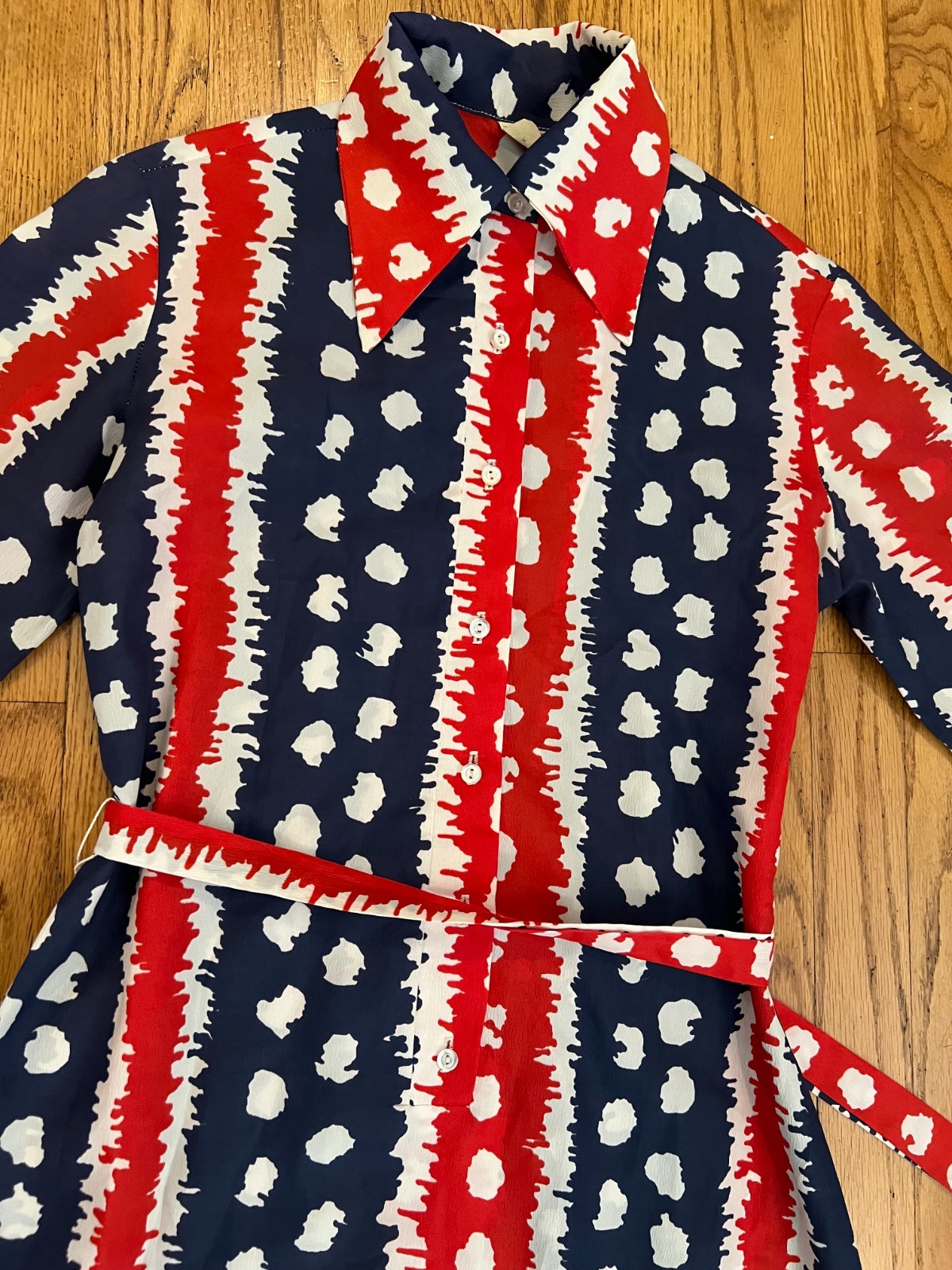VTG 50s-60s Fritzi San Francisco Midi Dress Large Belted Wrap Tie Red/White/Blue