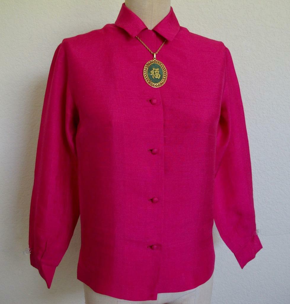 Vintage Jan Feldman Hawaii Silk Shantung Blouse S XS Magenta Pink Button Down