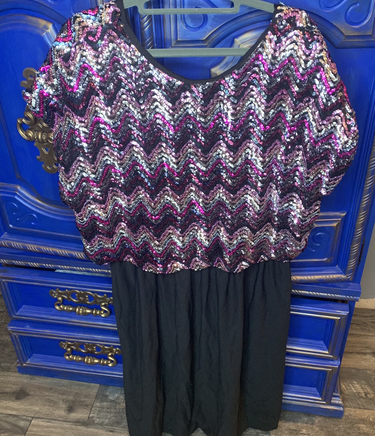 Vintage Sequin Dress Long Black Knit Pink Chevron Purple Kelli Kaye Large