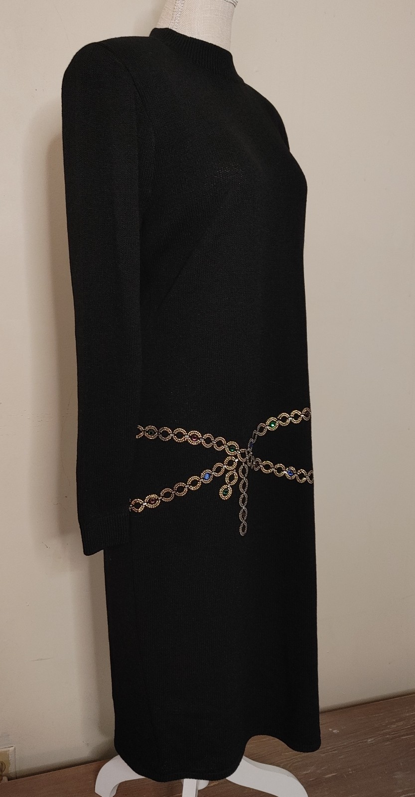 Vintage St John Saks Knit Dress 12 Black Santana Sweater Jeweled Chain Waist 80s