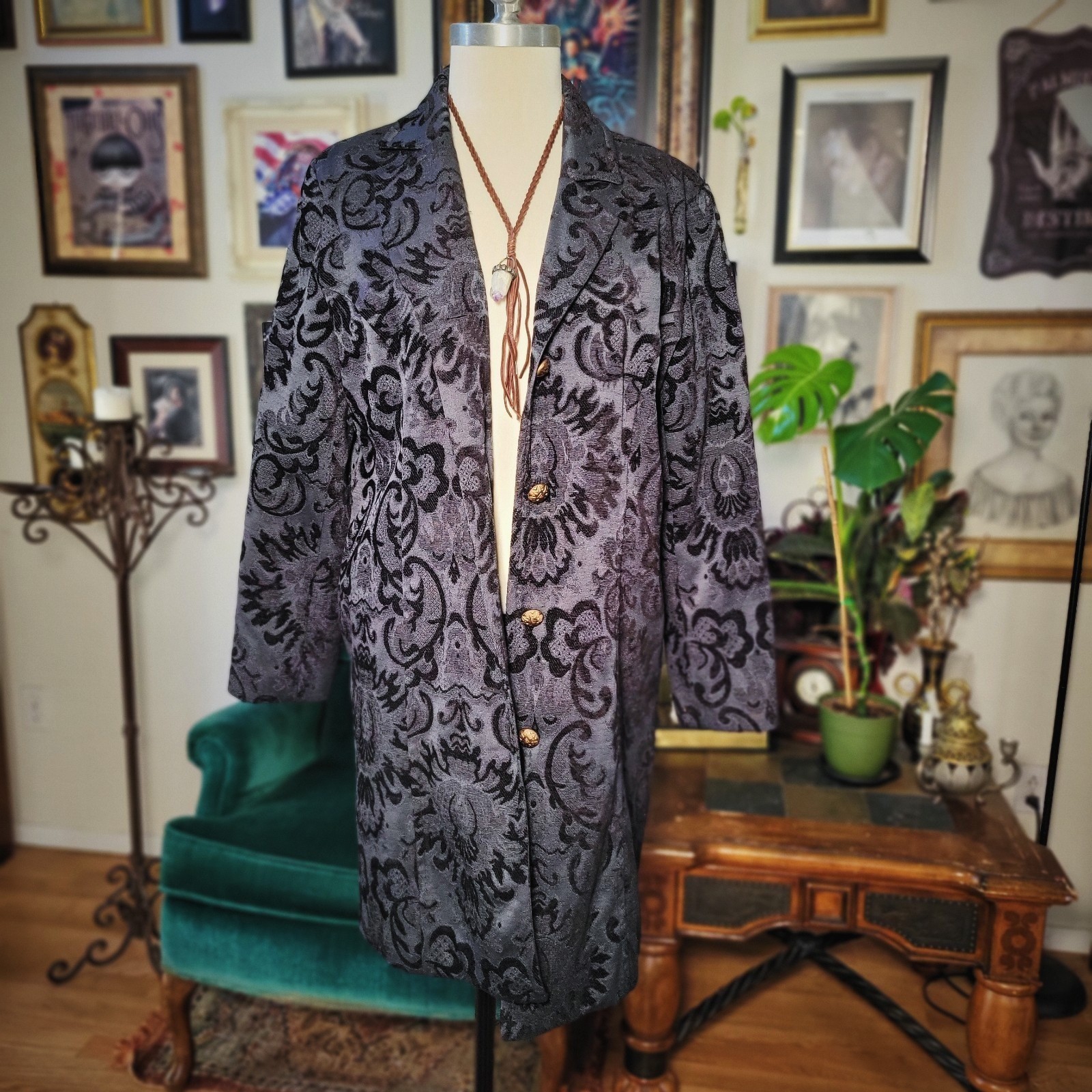 Erin London Damask Coat Vintage 90s Tapestry Grey Black Brocade Long Jacket M