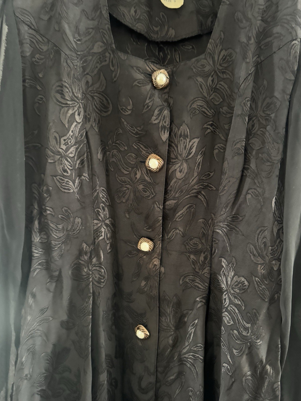 Vintage Sunset Plaza Jacquard Women’s Dress Sheer Sleeves Gold Accents Size 9
