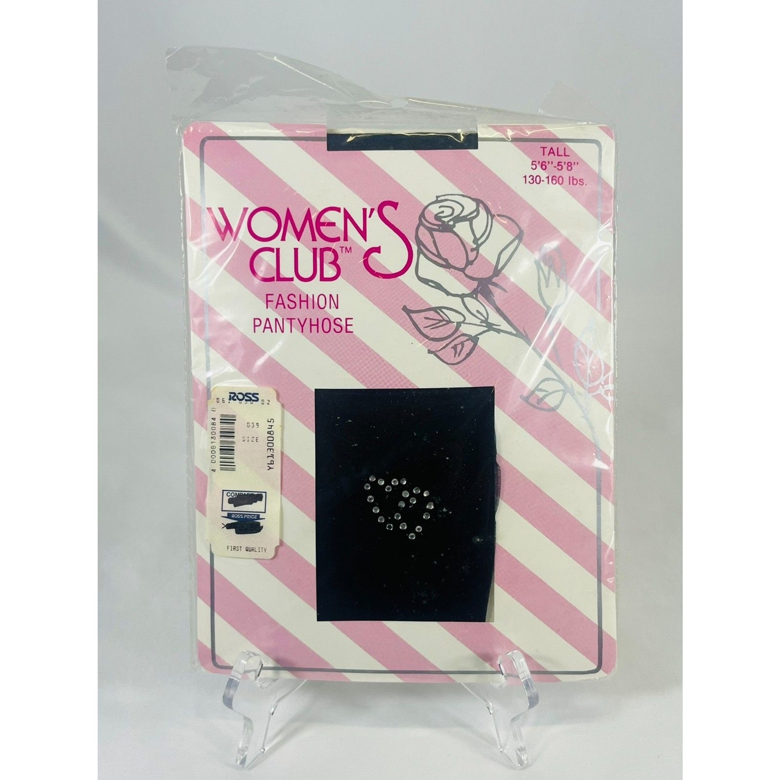 NOS 1980s Women’s Club Black Pantyhose Heart Rhinestone Tall Y2K Prom Formal Lg