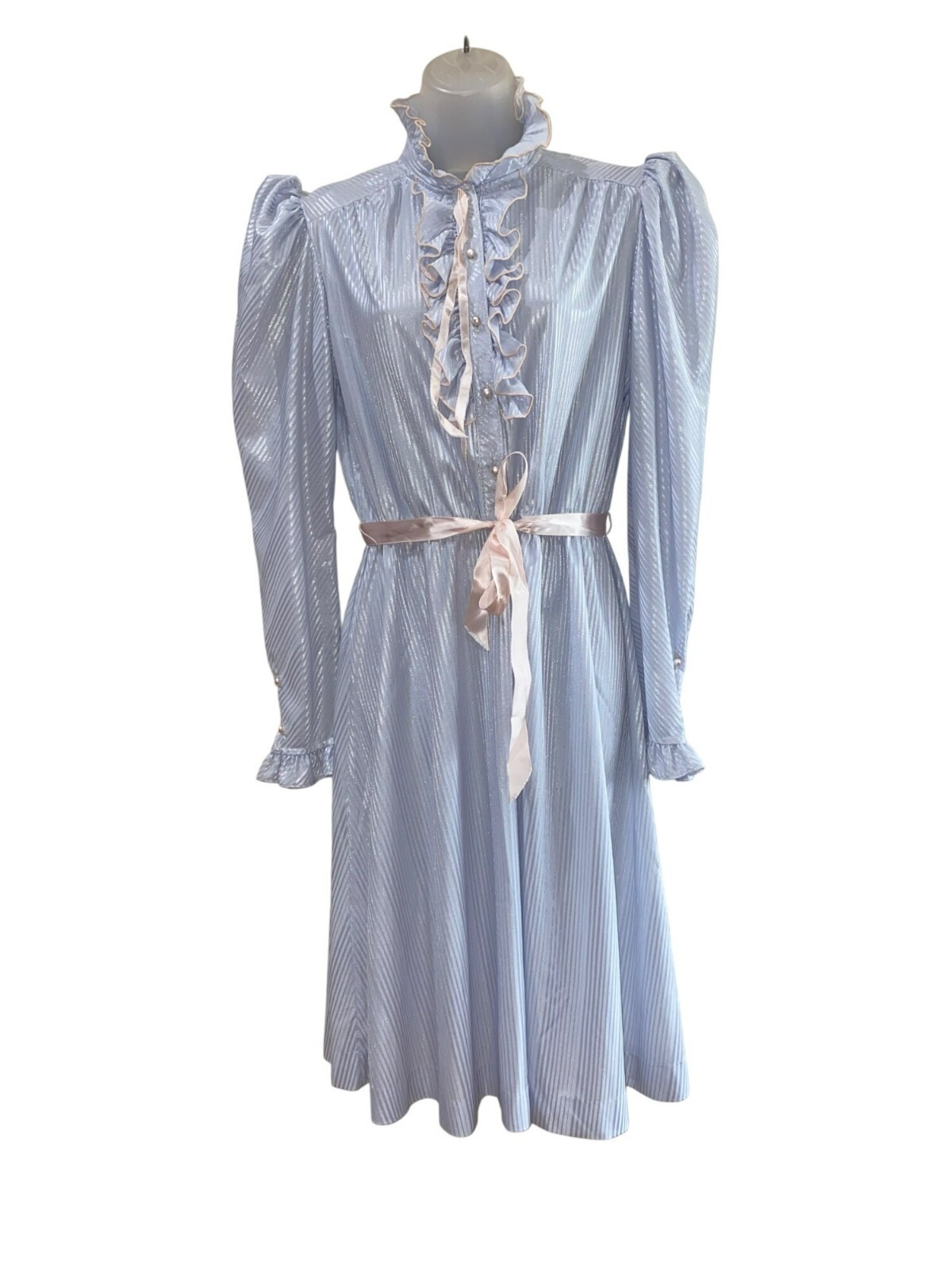 Vintage Jerri Gee New York Light Blue Ruffled Long Sleeve Dress W/ Pink Belt Siz