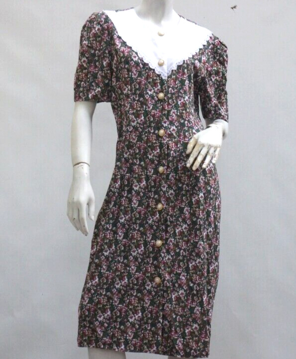 Vintage 80s Lace Trim Floral Print Button Down Rayon Dress by Ms Basia Californi