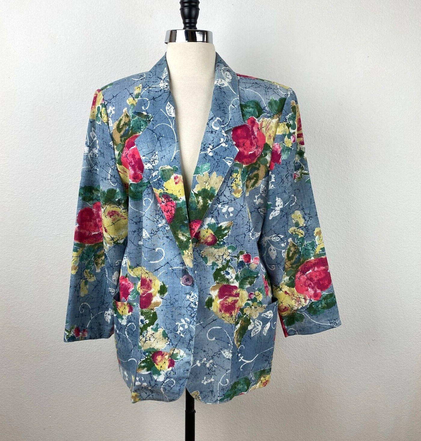 90s Y2K Danielle B Blue Woman 12 Floral Blazer Rayon Flax Cottagecore Career Art