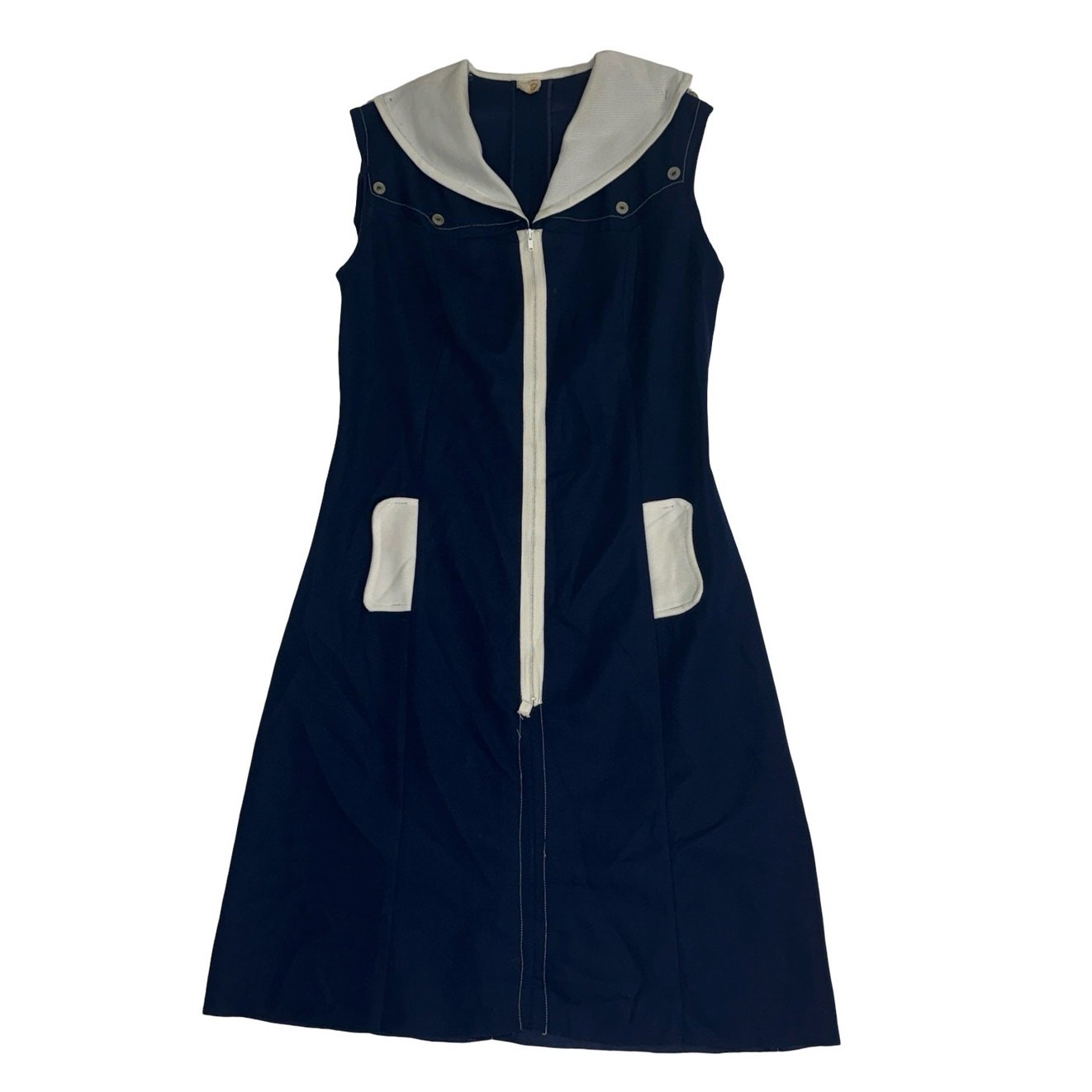 Vintage 60s 70s Mod Nautical Sailor Dress Blue Crimplene Upcycle Sewing Project