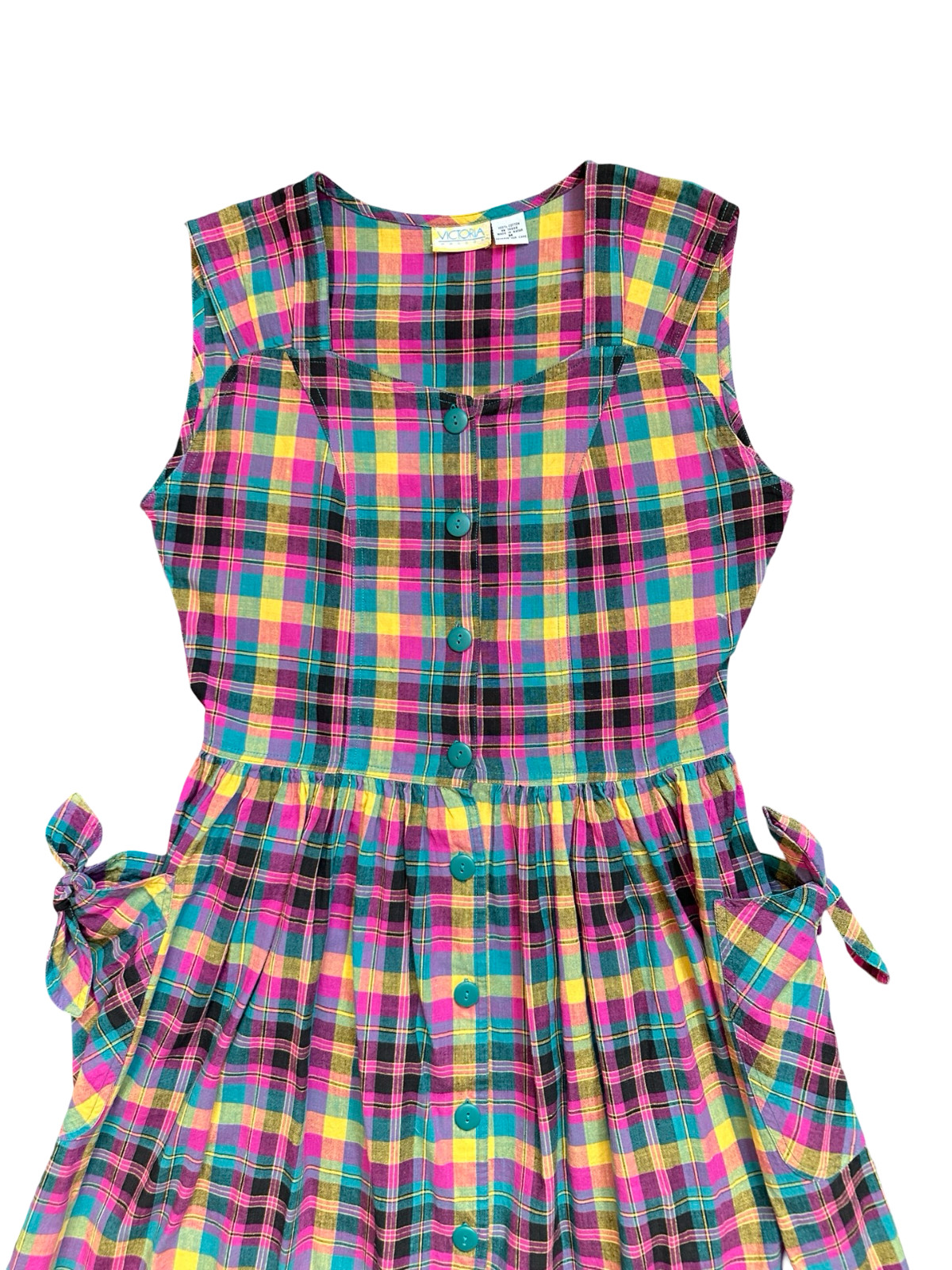 Vintage Multicolor Black Pink Plaid W’s M 100% Cotton Button Front Dress Pockets