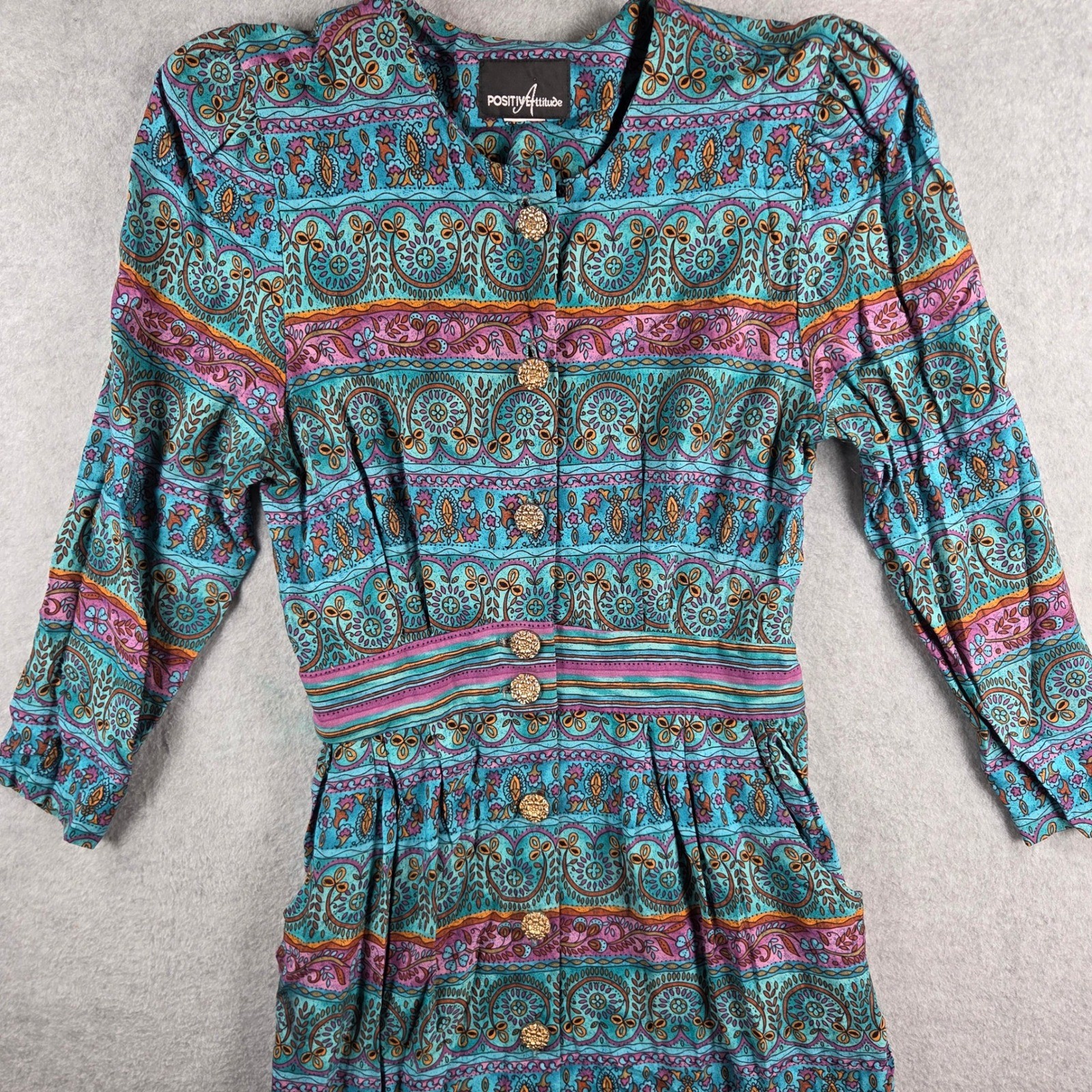 Positive Attitude Midi Dress Womens Small Teal Purple Paisley Vintage 90s Boho