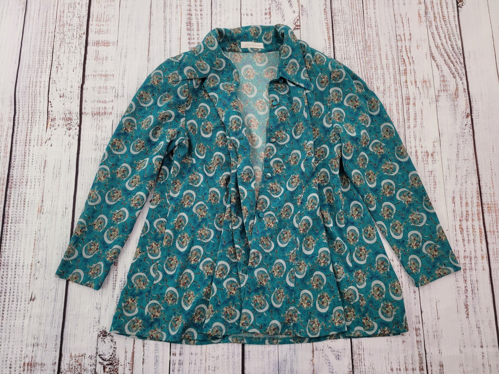 Vintage Hitoshi Tamura Teal Blue Warrior Print Button Front Blazer Jacket