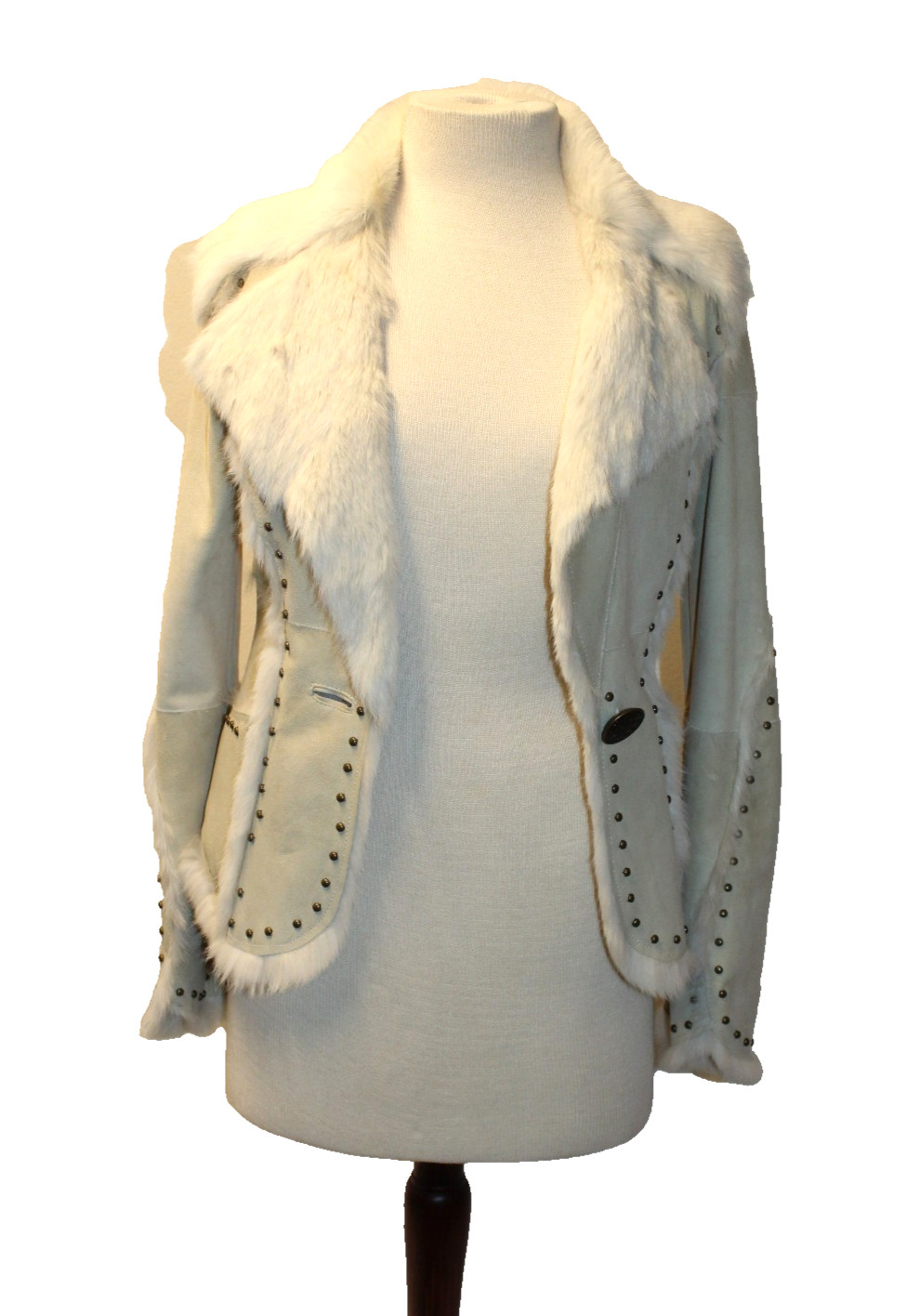 SHERI BODELL CREAM SUEDE LEATHER & FUR JACKET W/ GROMMET STUDS ACCENT ONE BUTTON