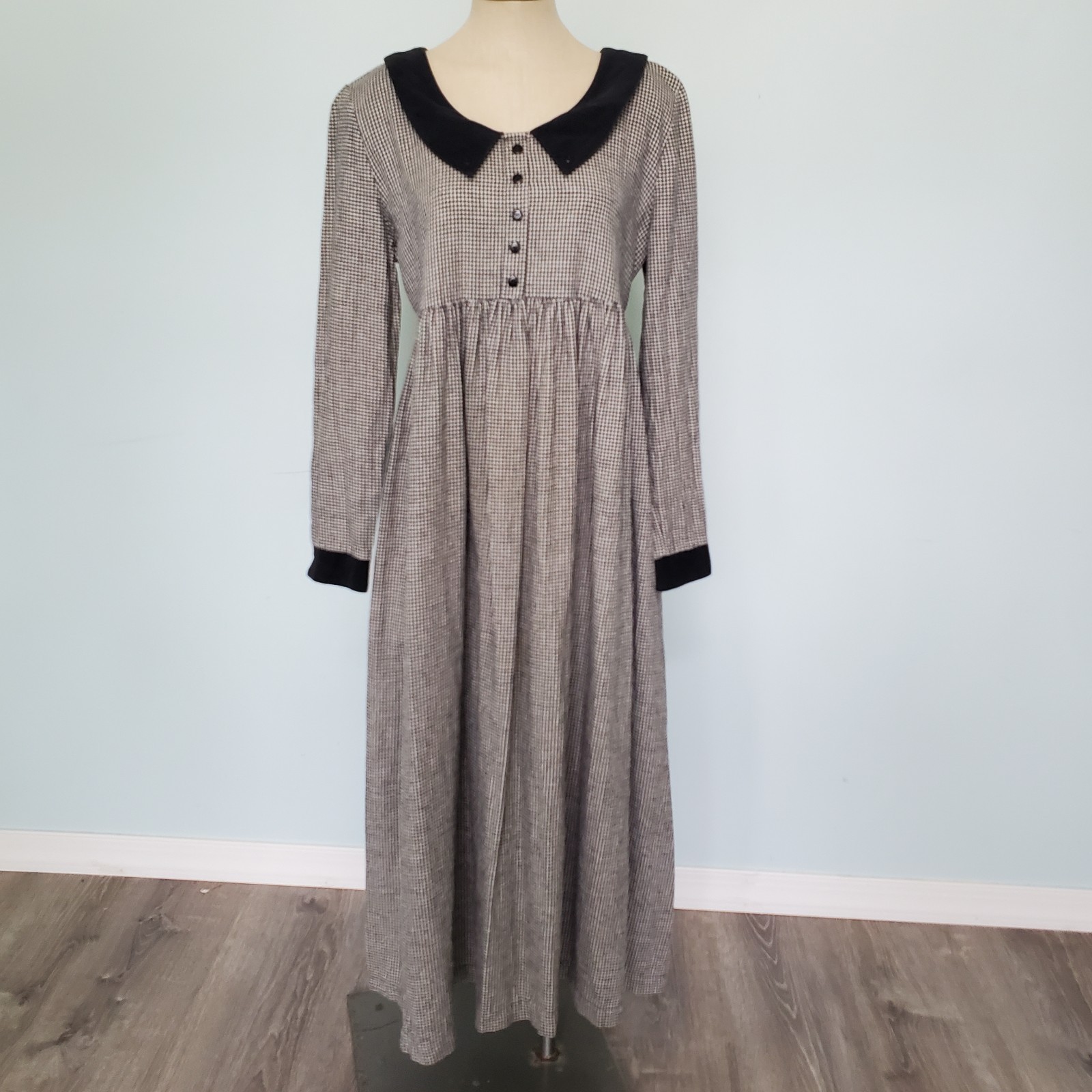 Vtg Misty Lane 8 M Houndstooth Maxi Dress Flannel Cotton Modest Cottage Academia