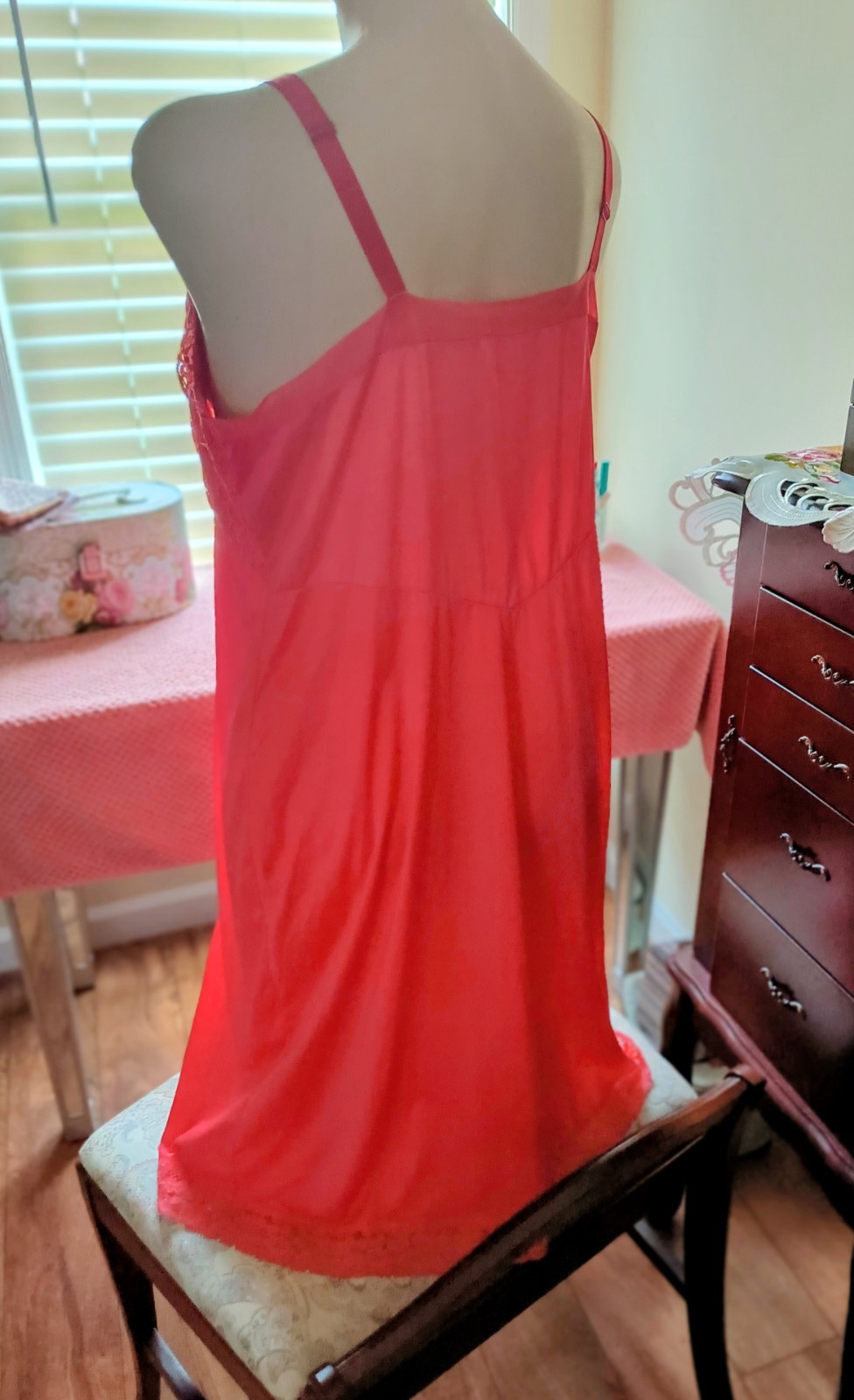 Vtg 60s GAYMODE Penneys Nylon Red Full Slip/Dress Lacey Bust & Hemline Sz 44