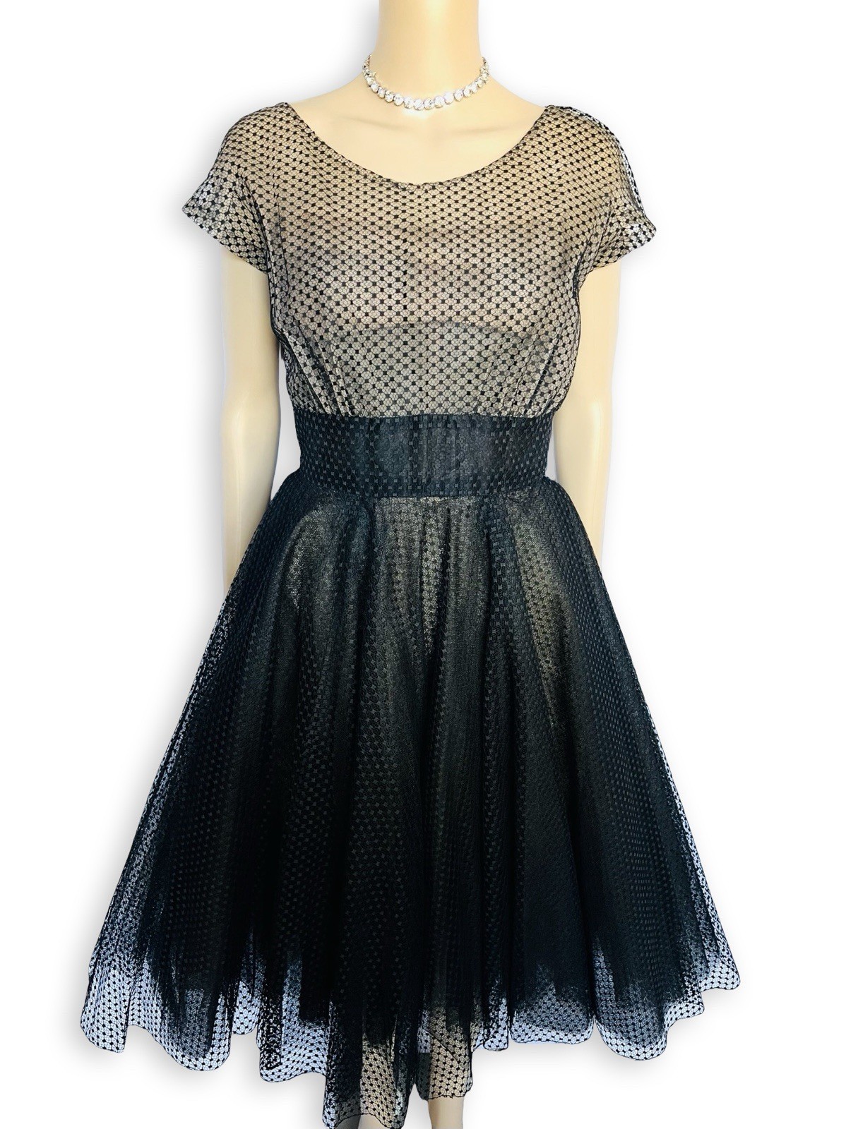 Vintage Nettie Rosenstein Bonwit Teller 1950s Nude Illusion Black Tulle Dress