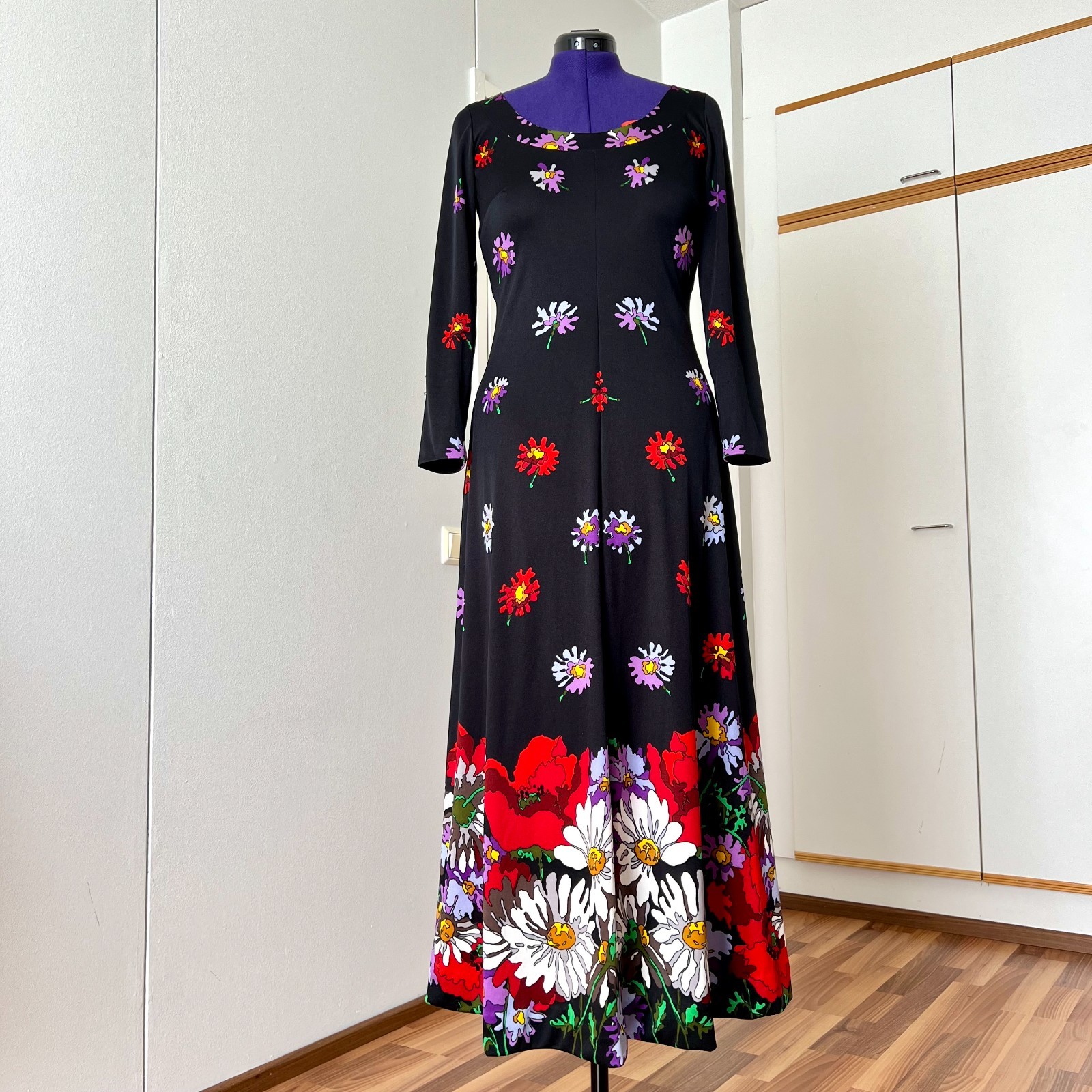 1970s FLoral Psychedelic Maxi Dress Boho Long Sleeves Floor Length Retro Aline