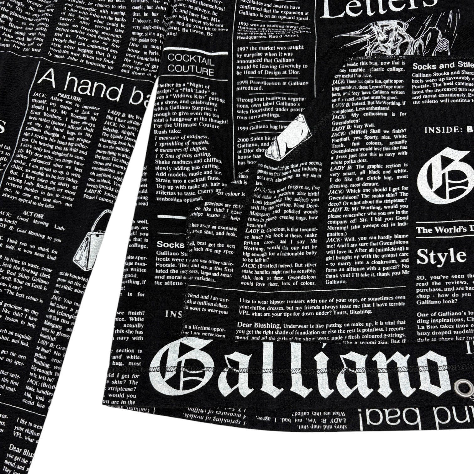 John Galliano Vintage Newspaper Print Hoodie Top Pants Set #XS Black 902549