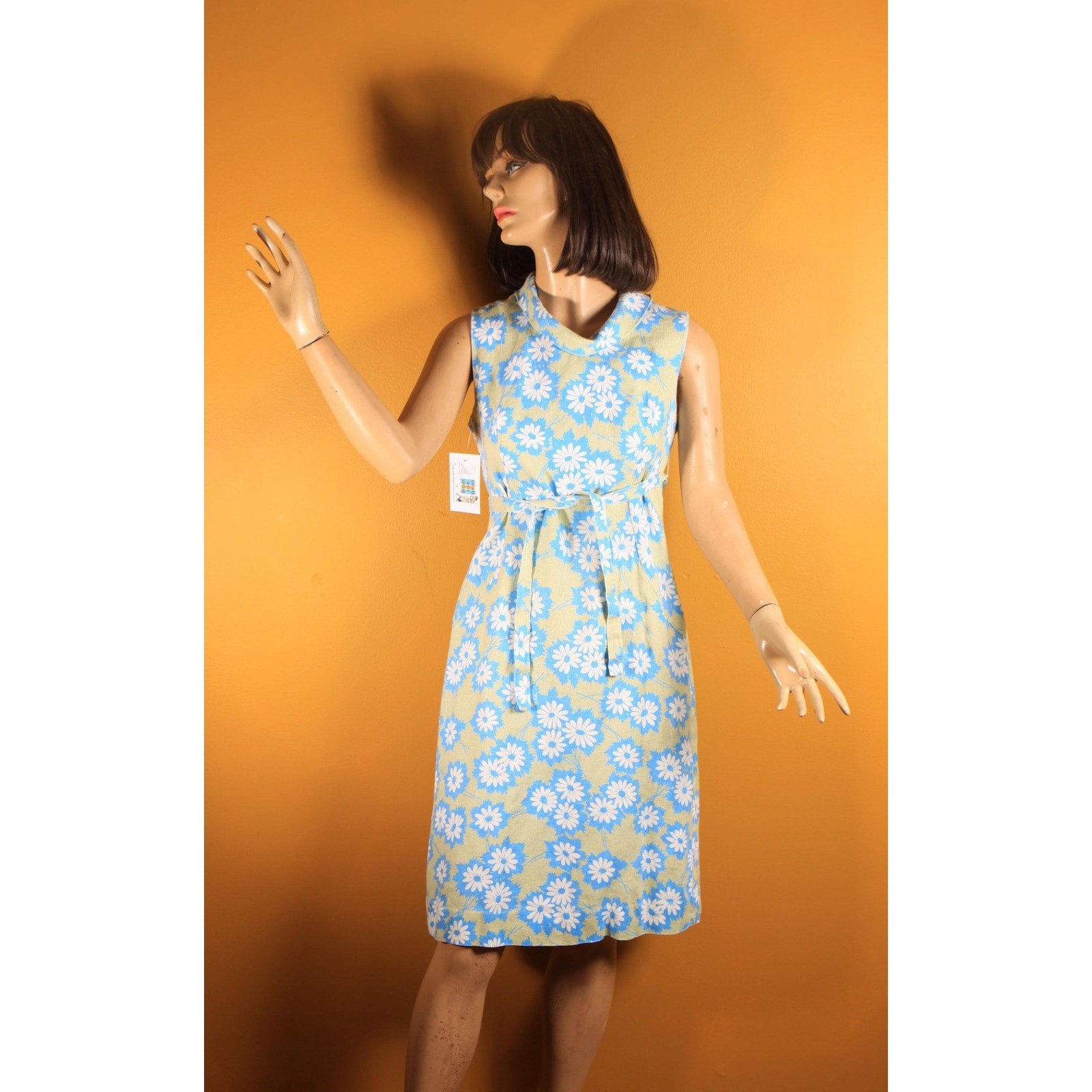 1960s Blue, Green and White Floral Sleeveless Shift Dress by RS Apparel -M
