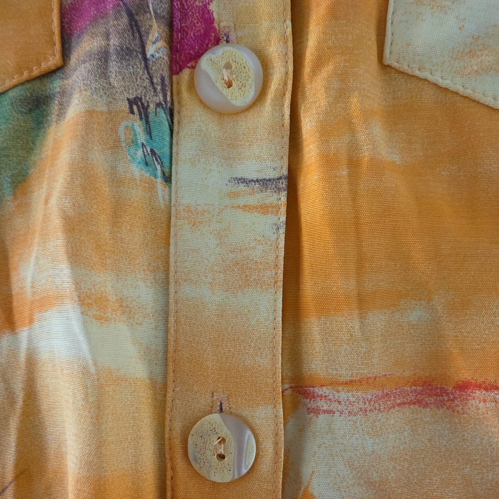 Vtg 1980s Saint Germain Rayon Blouse Top Yellow Abstract Buildings Print Size SM