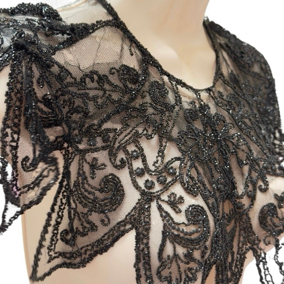 Antique Victorian French Jet Beaded Net Mantle / Capelet Mourning Attire AS IS