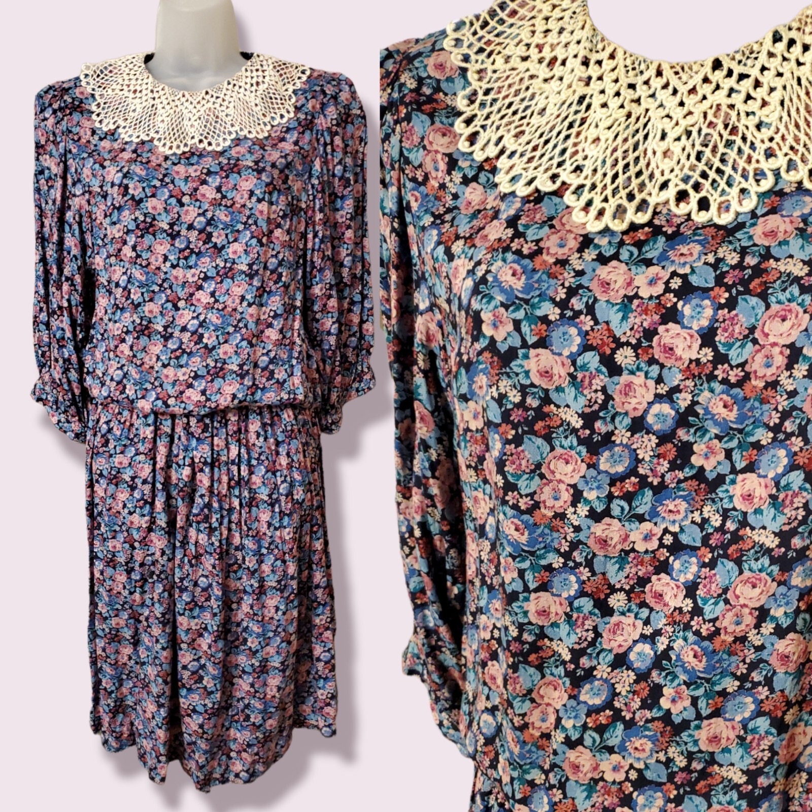 Vintage Jane Schaffhausen Calico Prairie Boho Lace Dress Cottagecore Designer