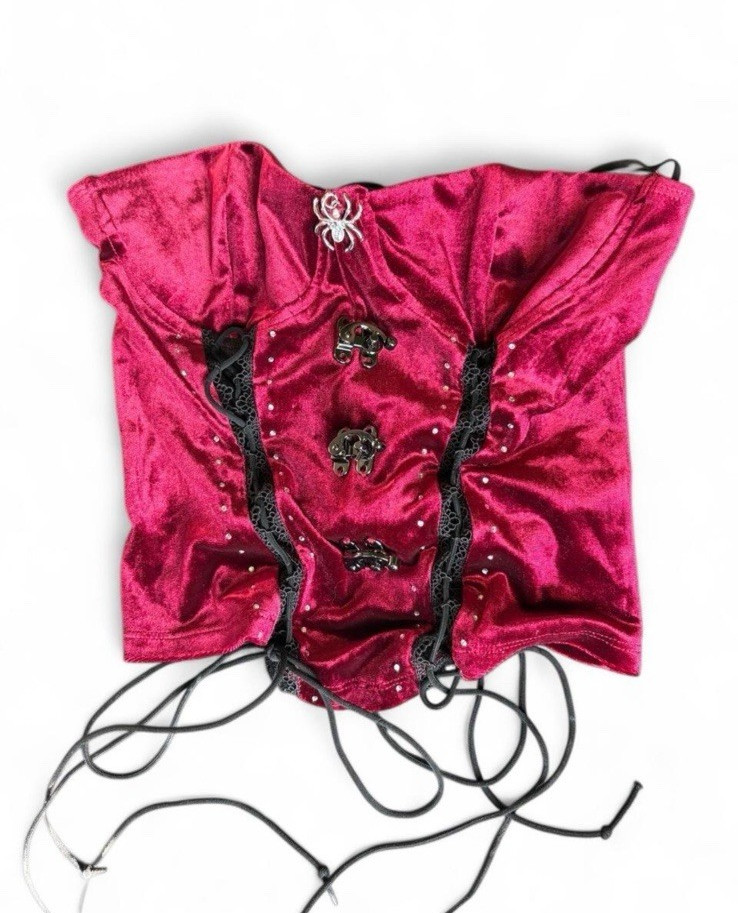 Red Velvet Bustier Corset Top Y2K Gothic Grunge Rave Festival, Medium