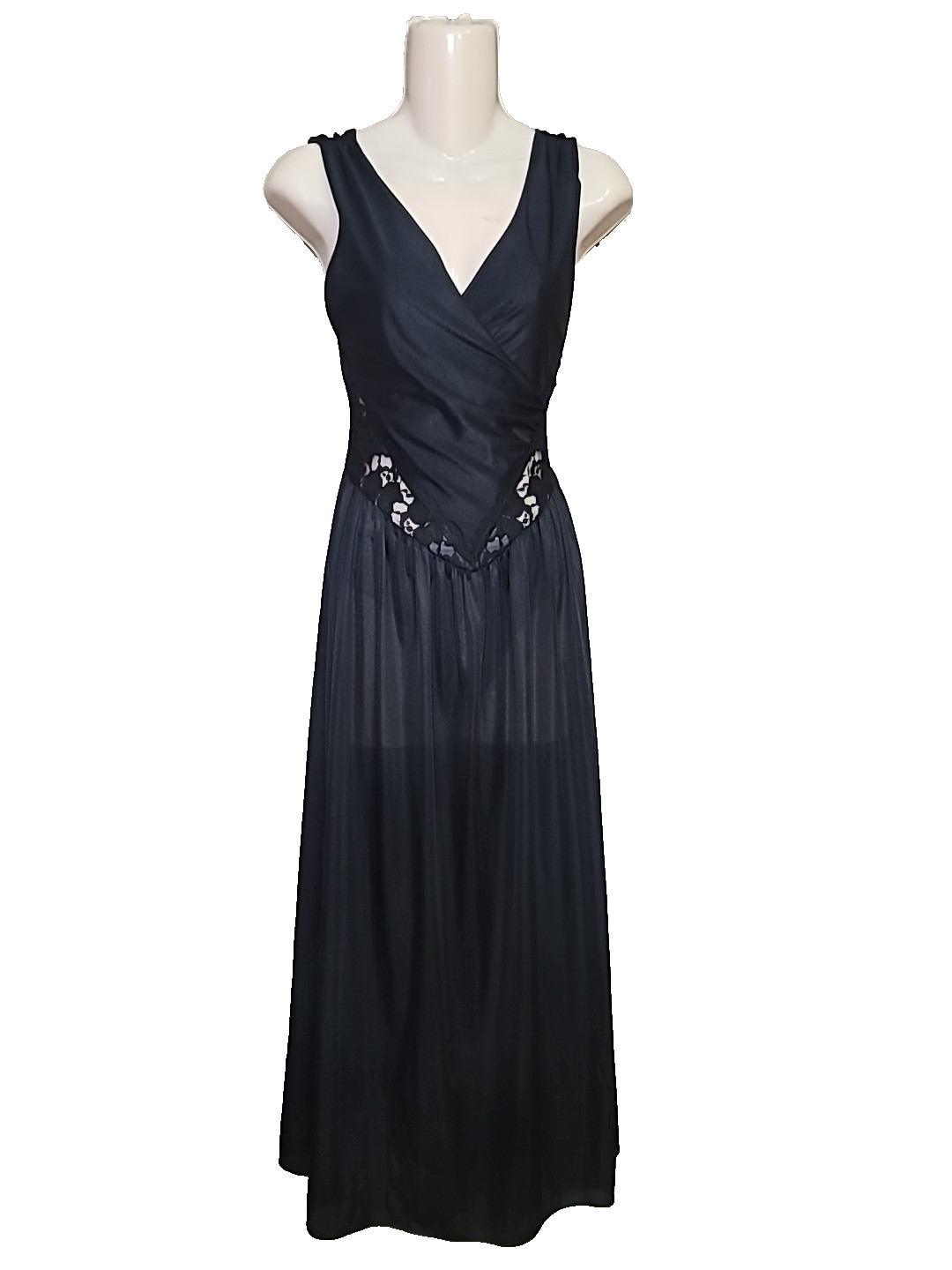 VINTAGE PEAU DE ROSE BLACK NYLON Sexy NIGHTGOWN LACE SIZE Small