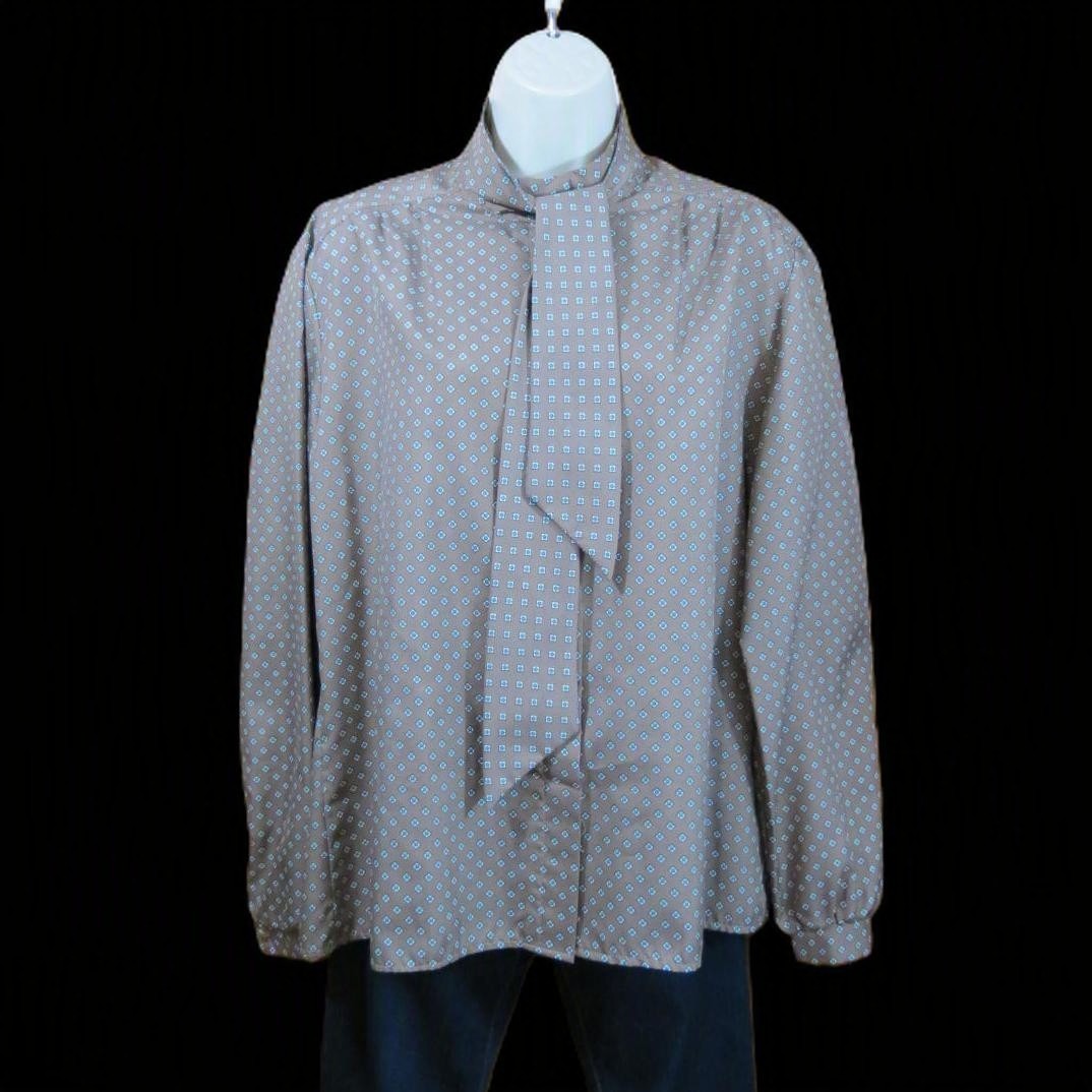 Vtg 70s Styled by Terry Chicago Blouse Pussy Bow Tie Collar Secretary Size 16-18