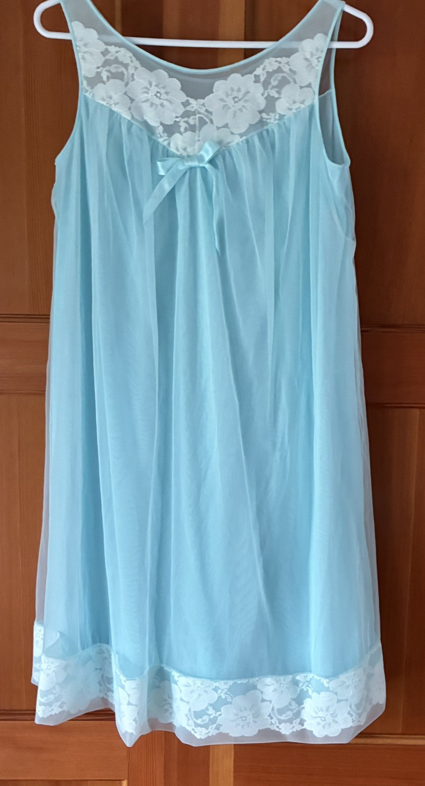 Vintage 70s Sears Roebuck Baby Blue Nylon Tricot Lace Goddess Nightgown M 36