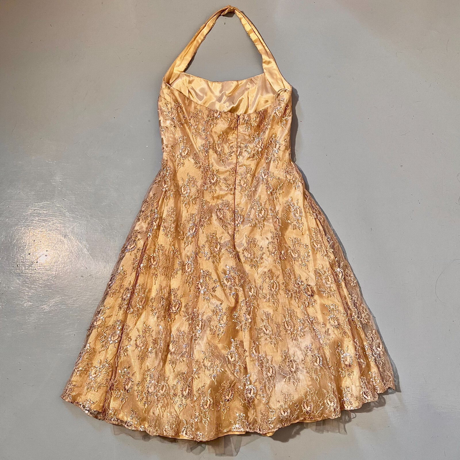 Vintage Zum Zum by Niki Livas Halter Neck Champagne Metallic Lace Dress Size 3/4
