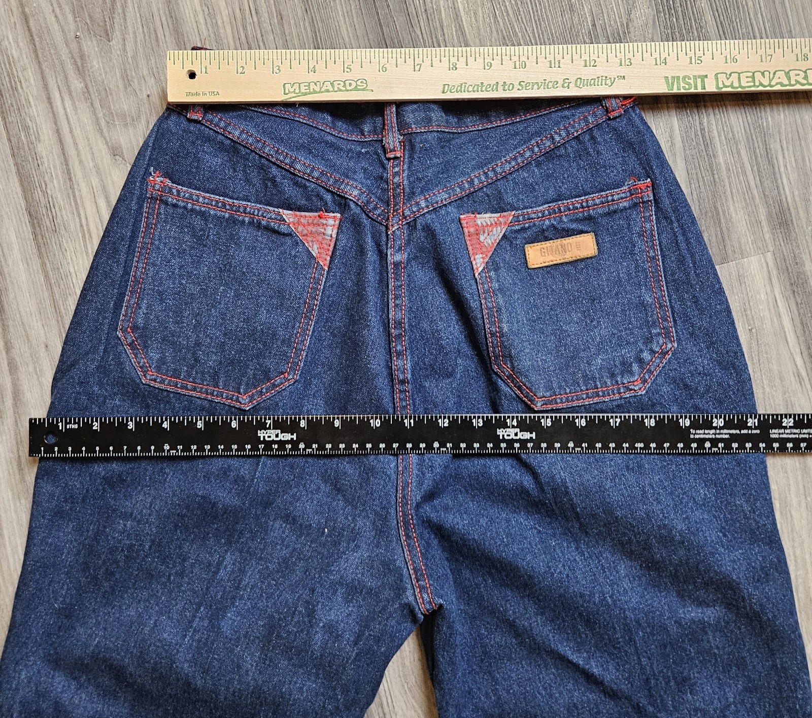 80s VTG Gitano Womens Blue Denim Red Stitching Tribal Accent Cuffs/Pockets Y2K