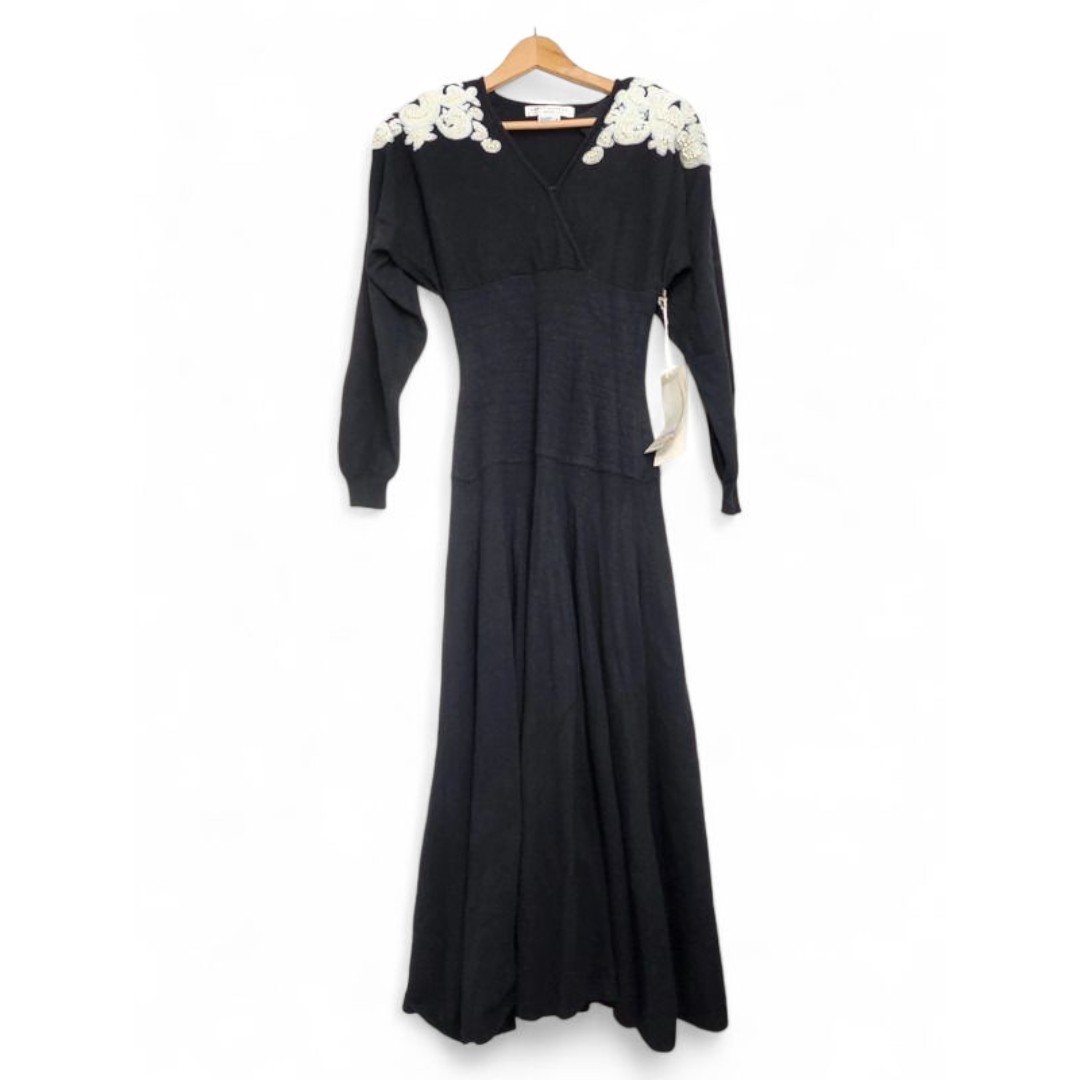 1980s Black Sweater Knit Pearl Embellished Vintage Dress By Nancy Johnson Size M