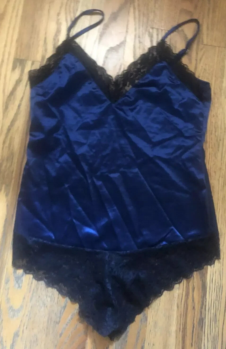 Vtg New AVIDLOVE Sz L Navy Royal Blue Satin 1 One PC Black Lace TEDDY Lingerie