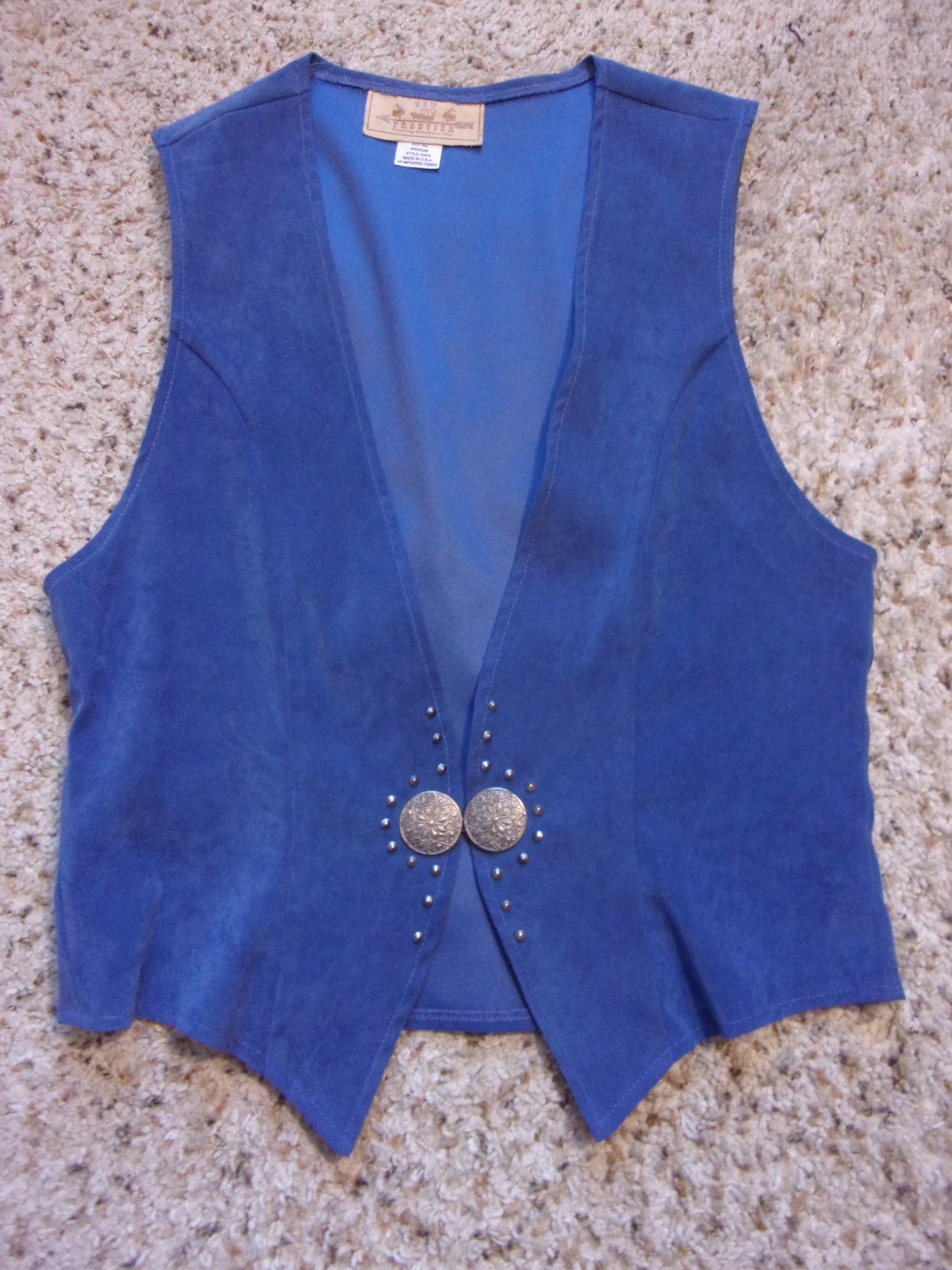 M~Vintage New Frontier Woman’s Western Vest~Blue Stretch Faux Suede~Concho Clasp