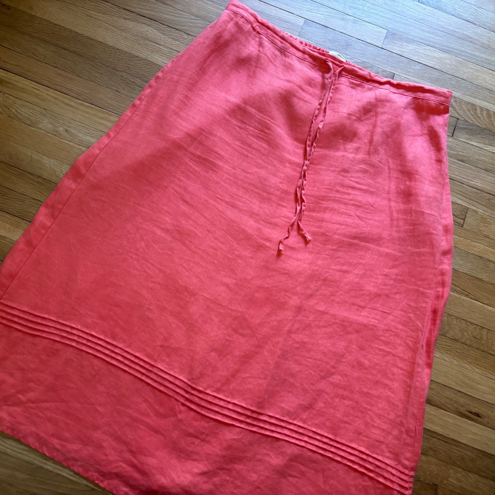VTG 100% Linen A-Line Maxi Skirt 1x Coral Drawstring Pin Tuck Choices Women 90s