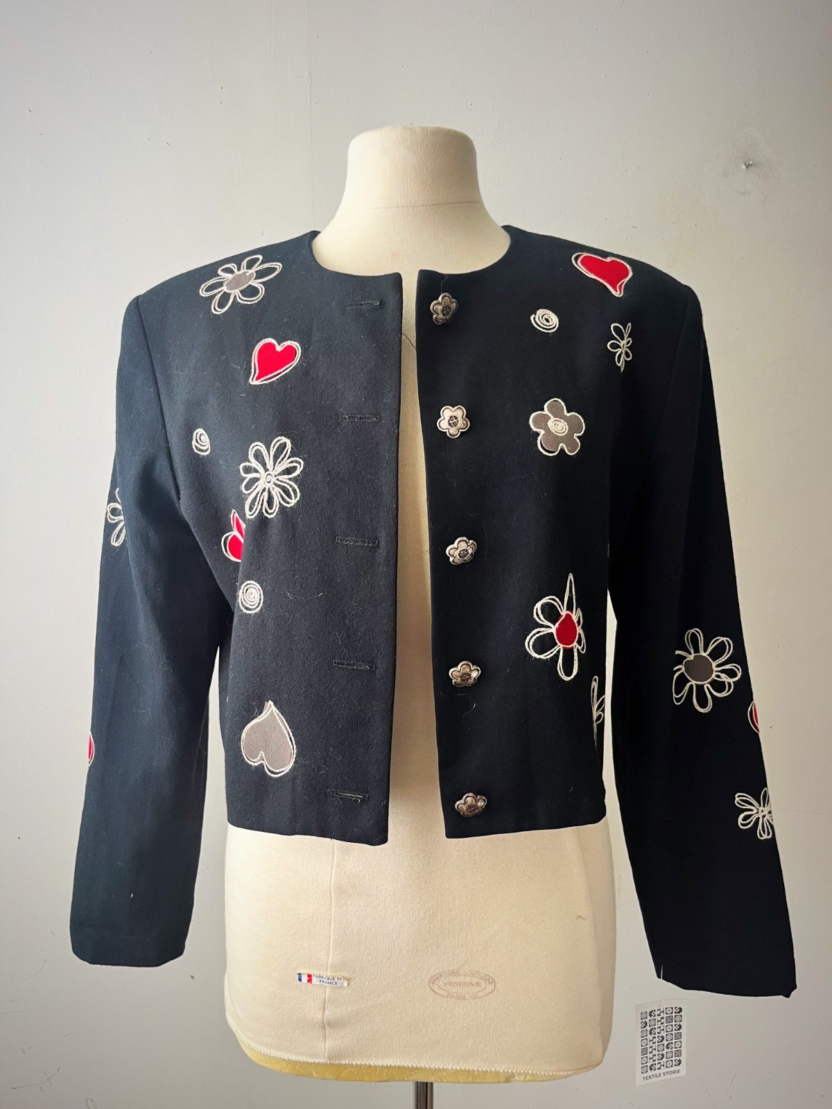 Vintage 90s Cropped Blazer Floral Hearts Doodle Print Grunge Jacket M/L