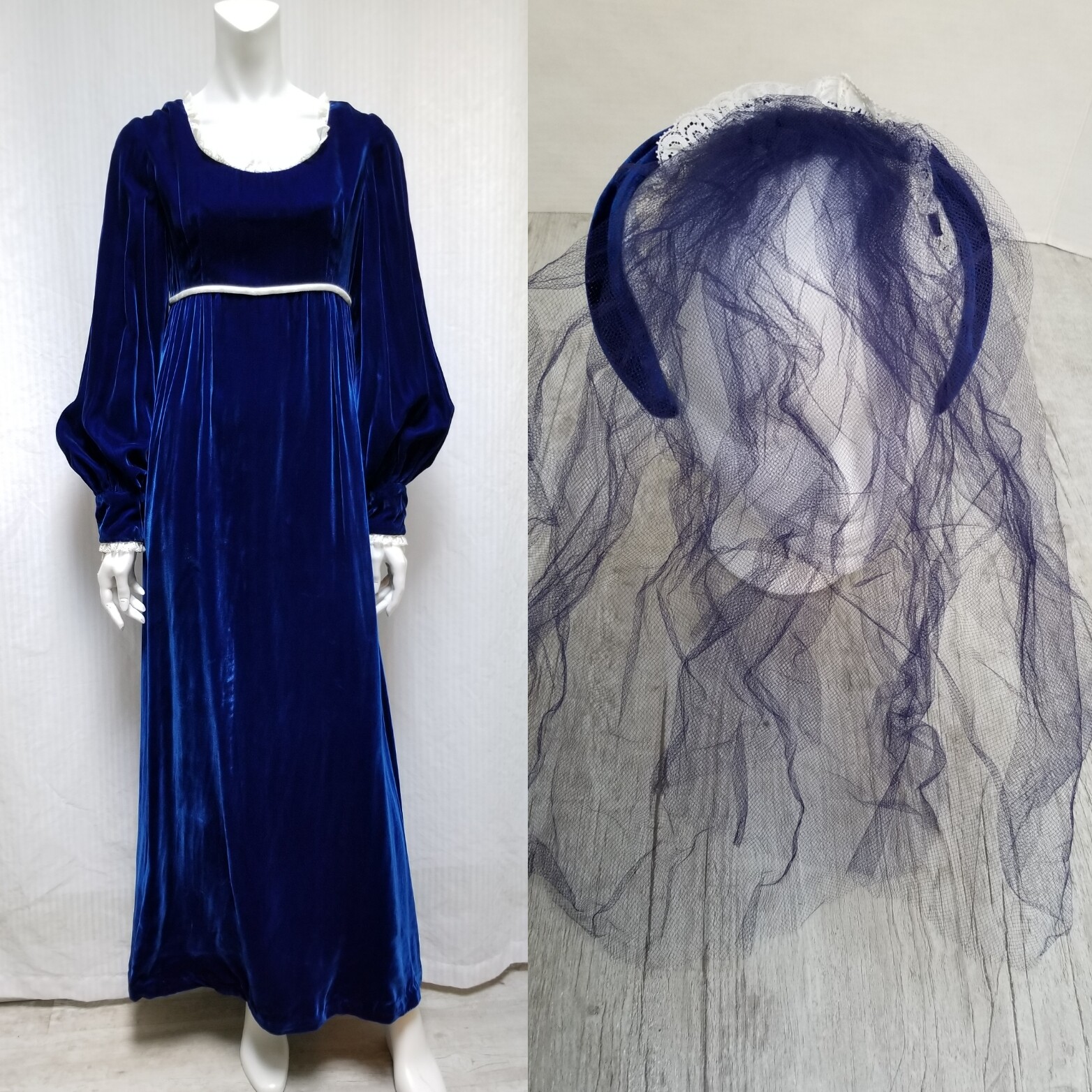 Gorgeous Vintage Blue VELVET MAXI DRESS with Headband w/ Netting & Bag – Size S