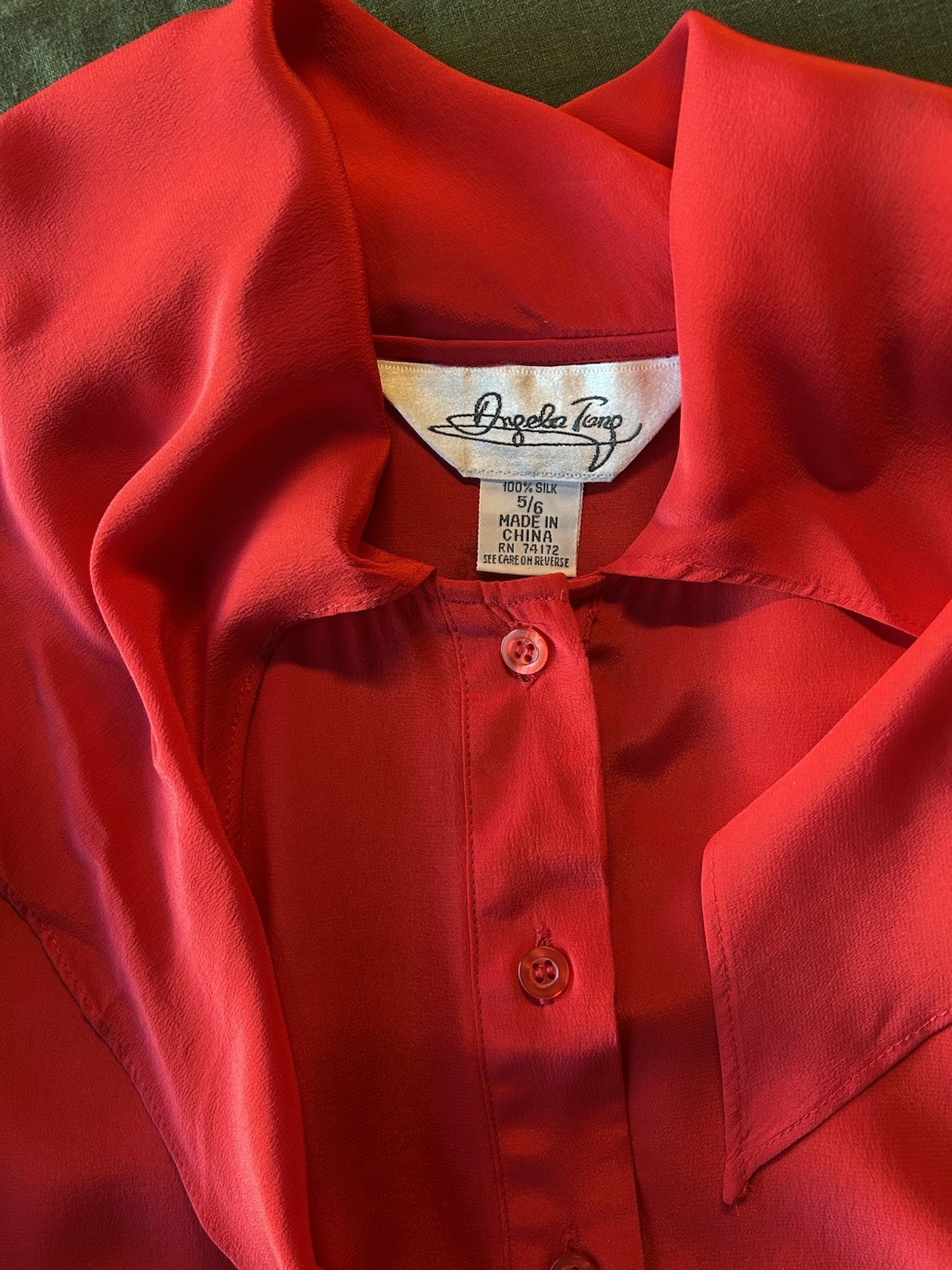 Vintage 80s 90s Silk Blouse Angela Tong RED Tie Neck Small Medium