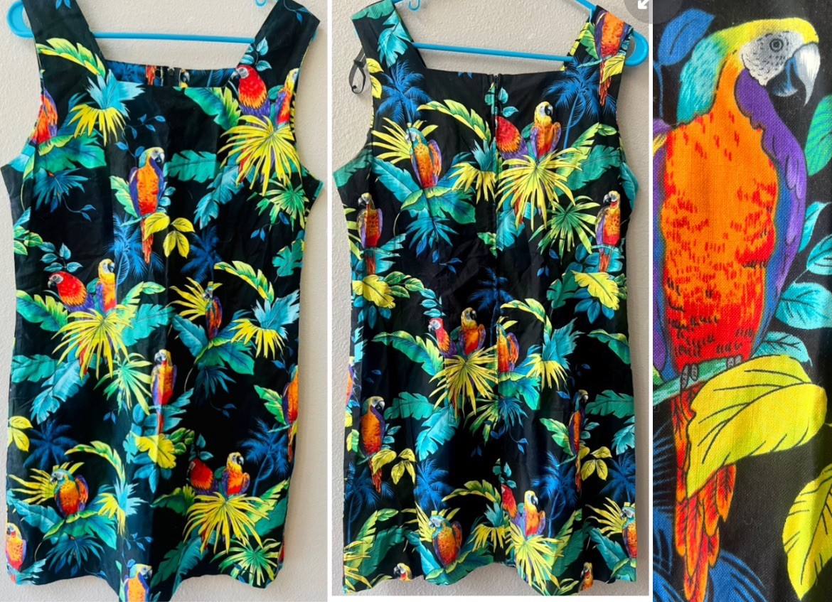 VINTAGE SHANNON MARIE HAWAII 100% COTTON TROPICAL PARROT SLEEVELESS DRESS Sz.XL*