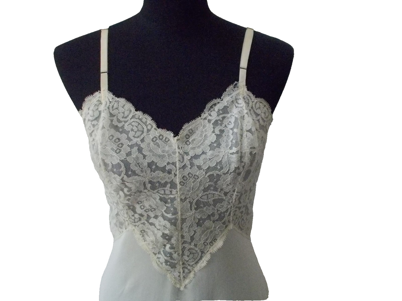 VTG VANITY FAIR 100% Nylon Tricot Ivory Lace Trim Bodice & Hem Full Slip Sz 34 T
