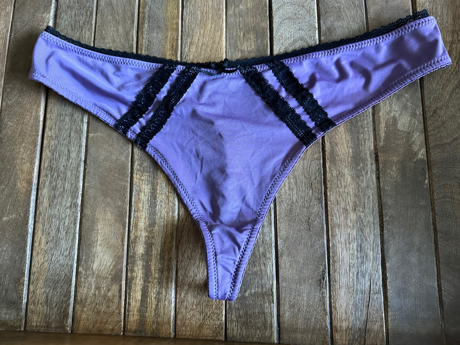 Vtg Cacique 16/18 Mauve Black Lace Trim Bikini Thong Panties