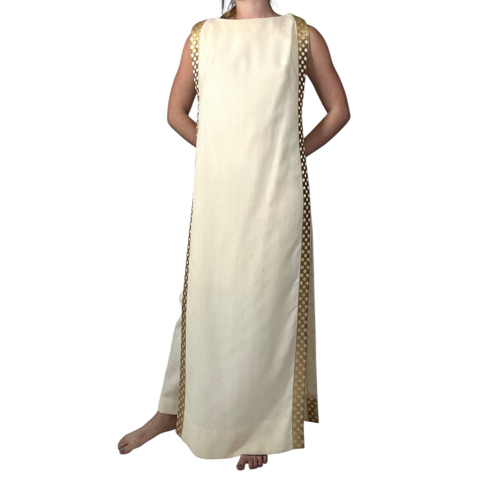 Vintage 1960s White Wool Jumpsuit Peer Label Metallic Gold Polka Dot Cape Mod